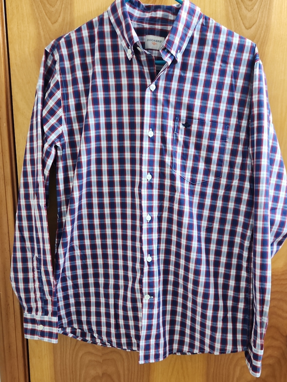 Dockers Men's Navy and Red Plaid Button-Down Shirt